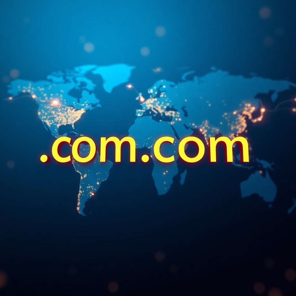 A photorealistic image of a world map with glowing fiber optic cables connecting major cities, overlaid with the text '.com' in a bold, bright font. The background should be a deep, rich blue, symbolizing the vastness of the internet. The overall mood should be one of connectivity and global reach.
