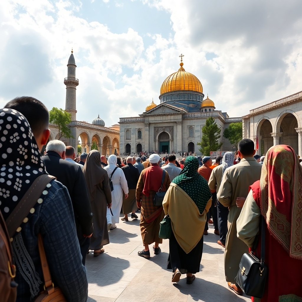 A photorealistic image of diverse pilgrims from around the world visiting a significant religious site, showcasing a mix of cultures and attire. The site should be detailed, showing its architectural and spiritual significance. The image should convey a sense of peace, reverence, and cultural exchange.