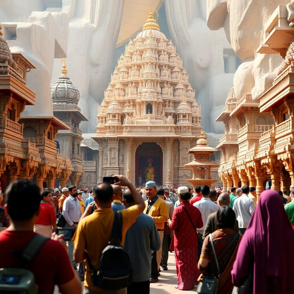 A photorealistic image of diverse people from various cultural backgrounds visiting a magnificent ancient temple, showcasing a blend of architectural styles and vibrant religious symbols.  The scene should be bustling with activity, with people taking photos, praying, and interacting respectfully. The lighting should be natural and warm, highlighting the intricate details of the temple's carvings and architecture. The overall mood should be one of peaceful reverence and cultural exchange.