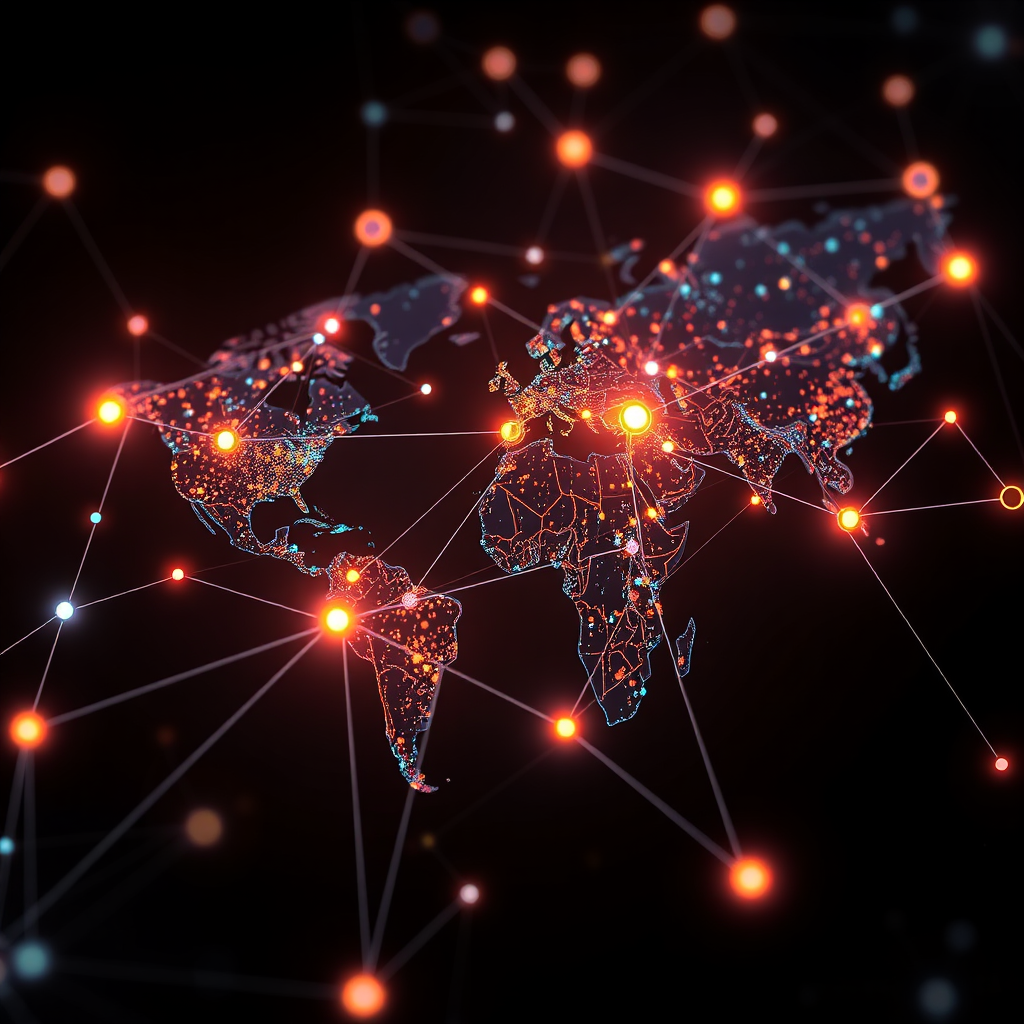 A photorealistic image of interconnected nodes forming a global network. Each node represents a business or individual, linked by glowing lines of communication. 4K resolution, aerial perspective, emphasis on the global scale and connectivity. Dark background with vibrant, colorful nodes.