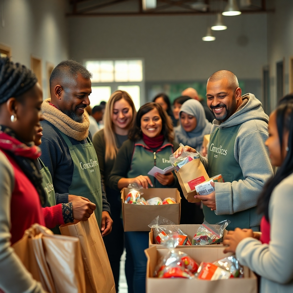 A photorealistic image of volunteers from a local church or religious organization distributing food and essential supplies to families in need at a community center. The scene should be warm, inviting, and convey a sense of compassion and community support. Show diverse people interacting with genuine smiles and kindness. High resolution and detailed expressions.