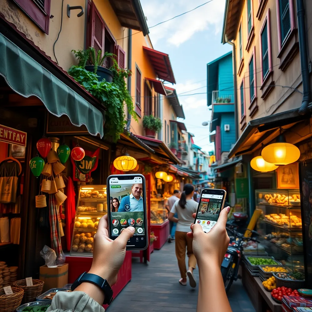 A photorealistic image showcasing a quaint, charming street in a foreign country. The image should depict a bustling market filled with colorful stalls, friendly locals, and unique goods, with a woman holding a smartphone and using COUNTRY DIRECTORY to discover hidden restaurants and shops nearby.