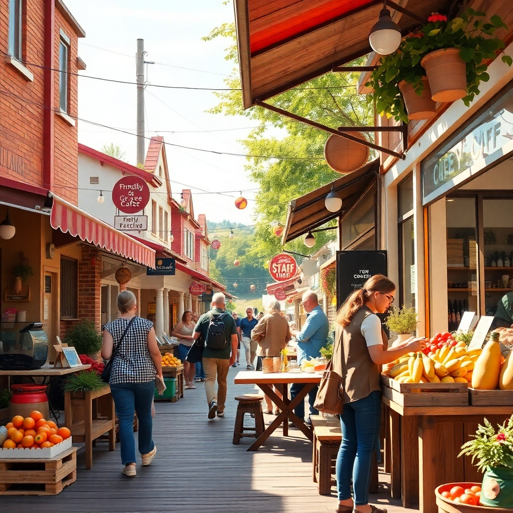A photorealistic image showcasing a vibrant local community scene.  The image should depict various local businesses and community services, including a friendly cafe, a local market with fresh produce, and people interacting positively.  The image should feel warm and inviting, with bright, natural lighting and a focus on the sense of community. The style should aim for a photojournalistic feel, capturing real-life moments.
