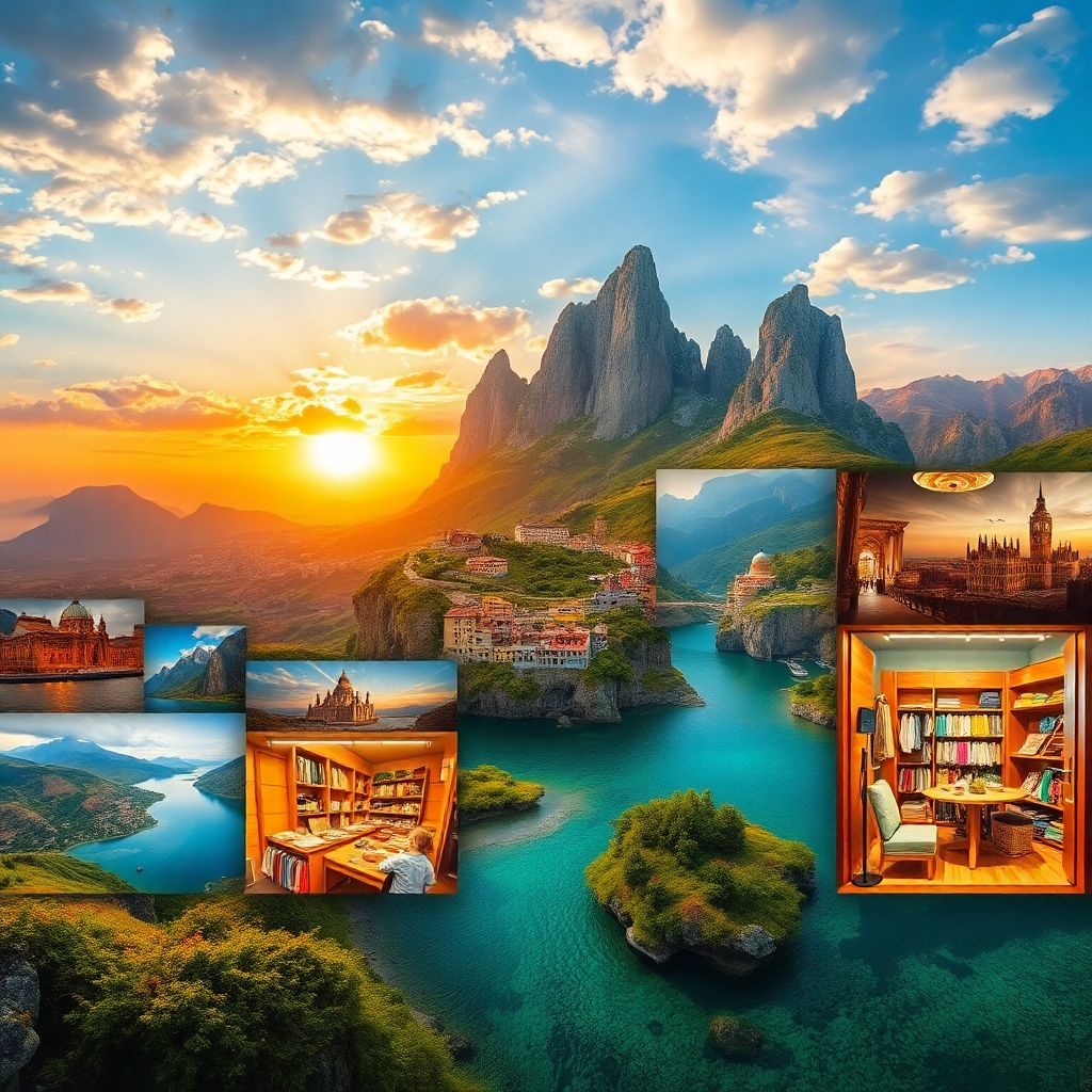 A photorealistic image showcasing a collage of enticing visuals: breathtaking travel landscapes from REFERENCE country, interspersed with images of unique local products and shopping experiences. The overall style should be bright, vibrant, and inviting, evoking a sense of adventure and discovery. High resolution, sharp focus, vibrant and warm colors.