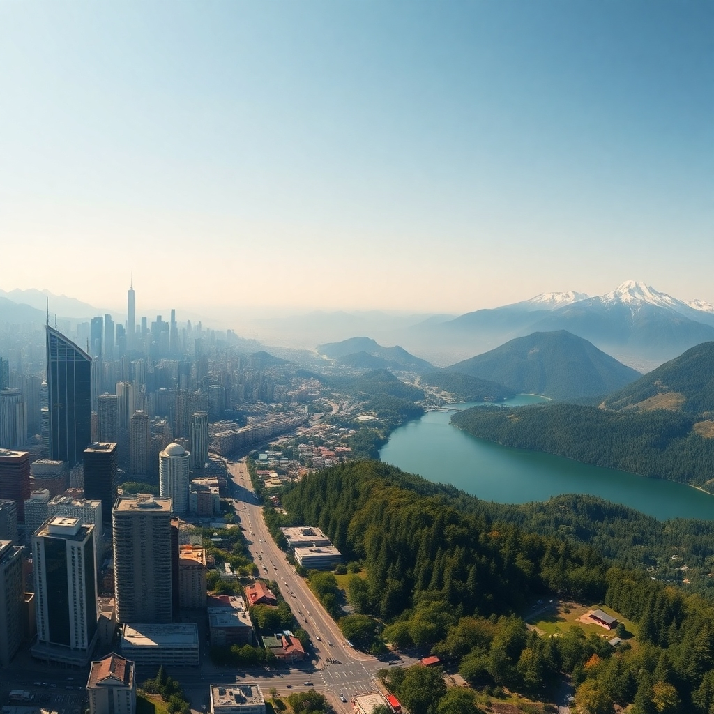 A photorealistic image showcasing a panoramic view of a diverse landscape. One half of the image should display a vibrant, bustling city with towering skyscrapers and busy streets, while the other half features a tranquil mountainous region with lush forests, snow-capped peaks, and a serene lake. The image should emphasize the dramatic contrast between urban and natural environments, highlighting the beauty and diversity of the planet.  The sky should be clear and bright, further enhancing the overall visual appeal.
