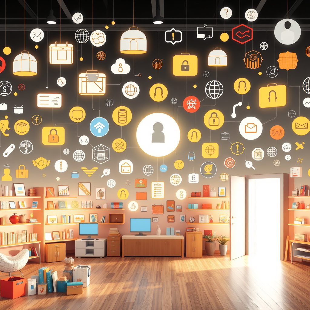 A photorealistic image showcasing a wide array of products, services represented by icons, and opportunities represented by open doors, all interconnected and easily accessible. Bright, inviting lighting, 4K resolution, focus on the diversity and abundance of offerings.