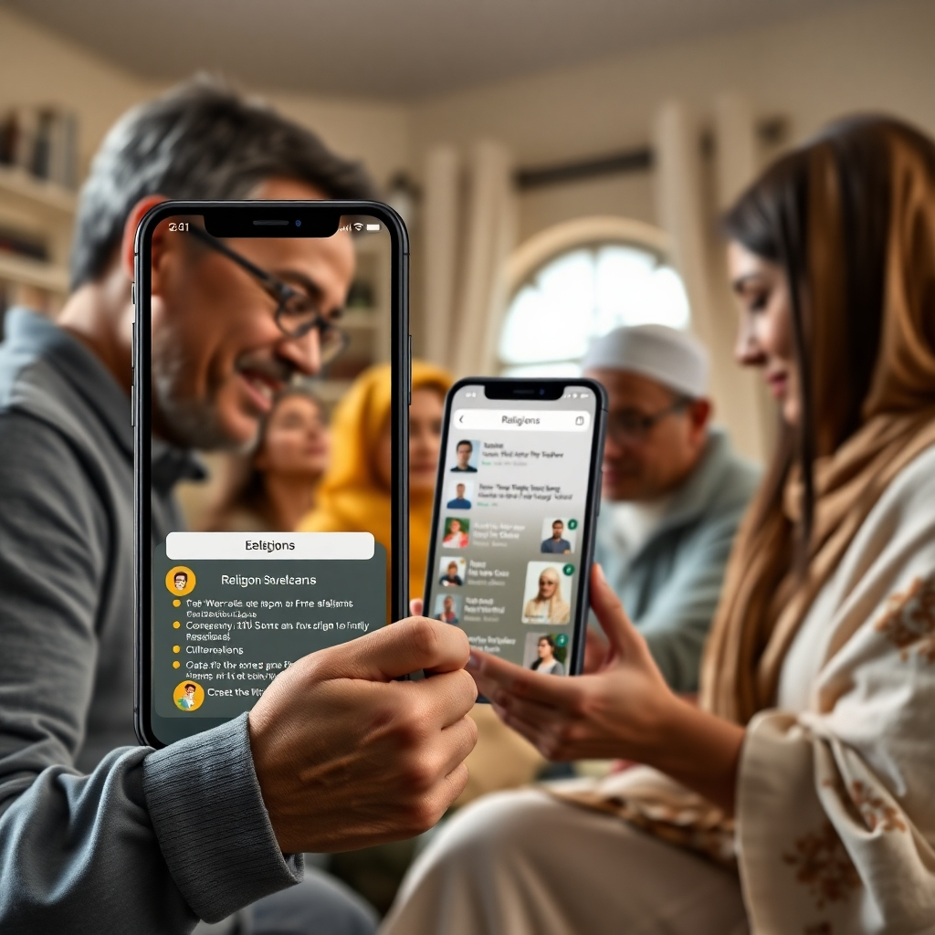 A photorealistic image showcasing a modern, user-friendly religious app interface on a smartphone and tablet. The background should subtly feature diverse people of different ages and ethnicities using the app in various settings (home, travel, etc.). The overall feel should be one of accessibility and inclusivity.