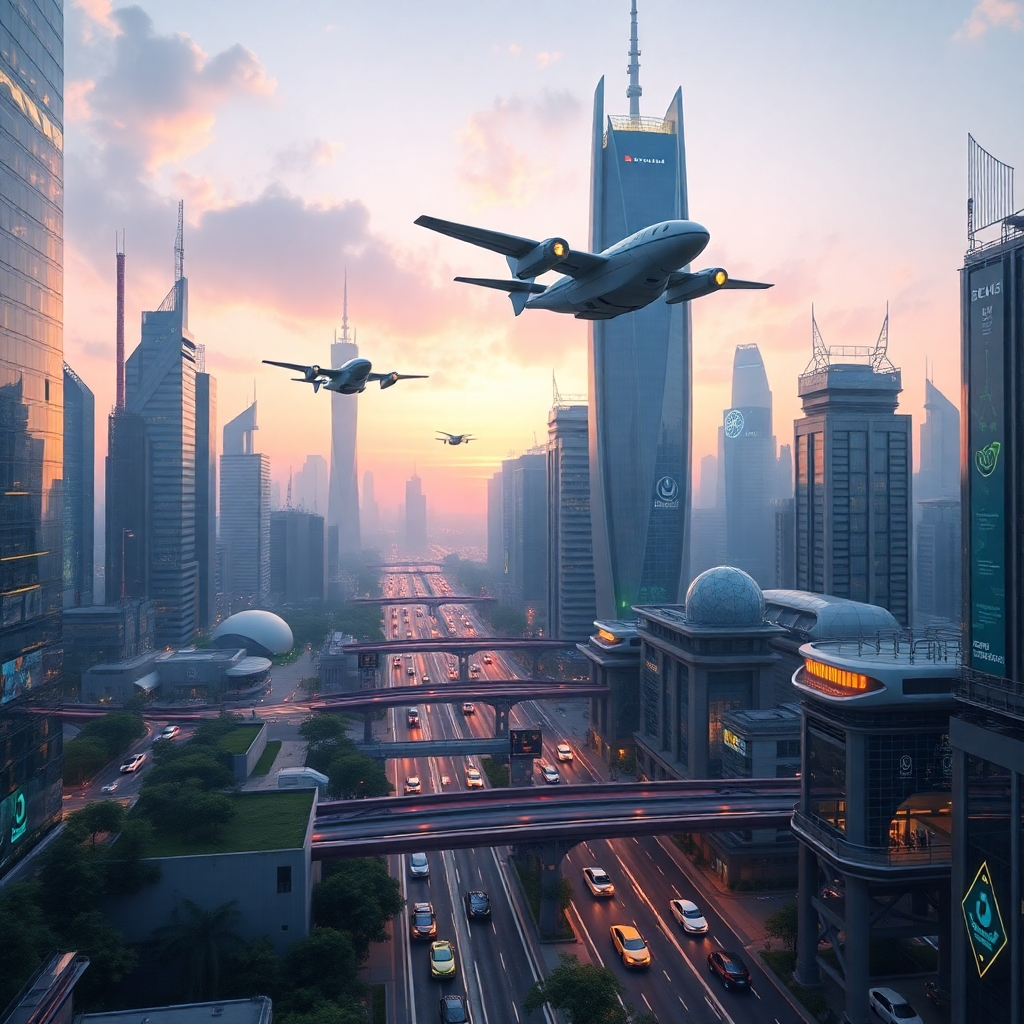 A photorealistic image showcasing a futuristic cityscape with flying vehicles, advanced smart infrastructure, and green energy sources. The image should exhibit clean lines, sleek designs, and a sense of technological advancement, emphasizing innovation and sustainability.