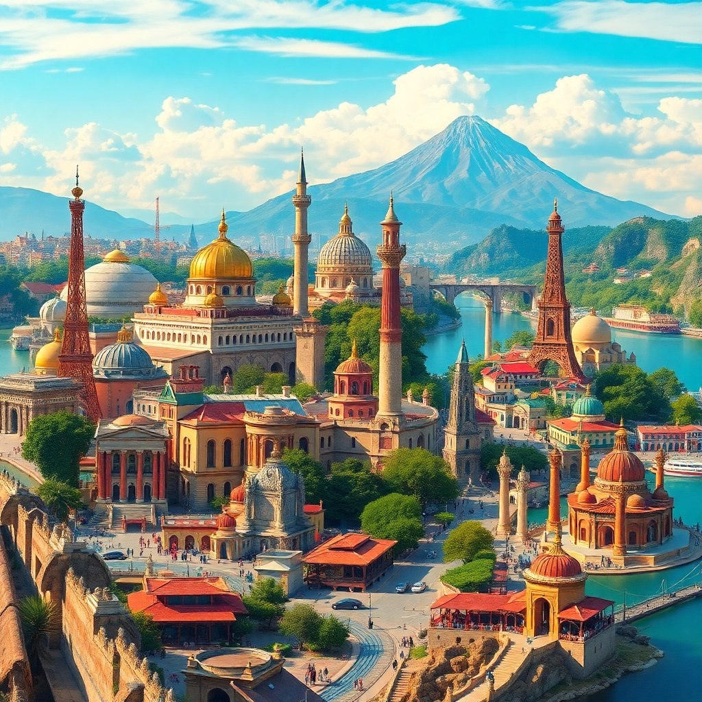 A photorealistic image showcasing a montage of stunning travel destinations from across the globe.  The image should seamlessly blend iconic landmarks from different cultures, including bustling cityscapes, serene natural landscapes, and glimpses of local life. The overall image should evoke a sense of wonder, adventure, and cultural discovery. The colors should be vibrant and saturated, capturing the diverse beauty of the world. The style should be highly detailed and visually engaging, reflecting the richness of global travel experiences.
