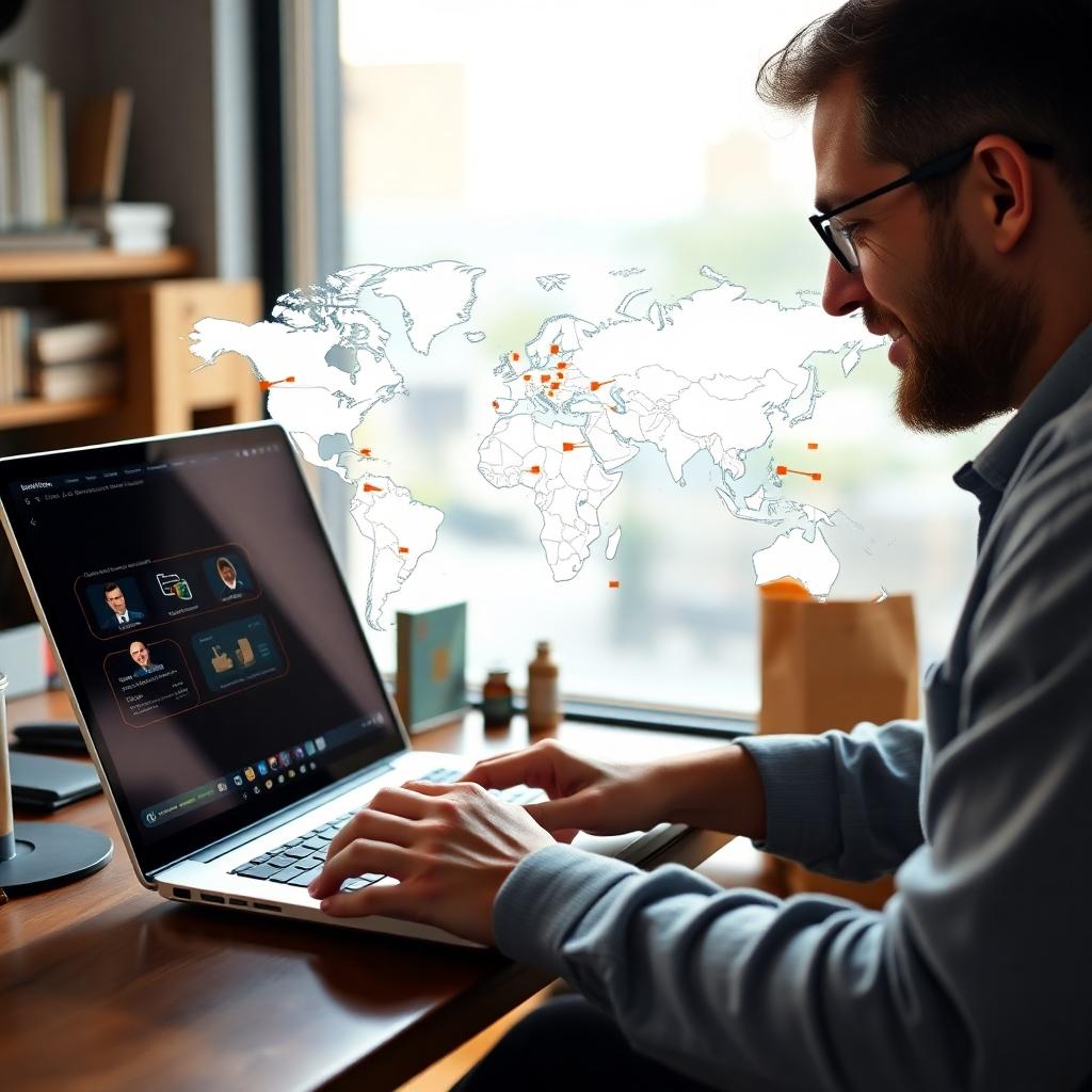 A photorealistic image showing a small, local business owner using a laptop to manage their online store, with a world map showing various locations where their products are being shipped. The image should have a professional yet friendly feel, with a focus on both the local aspect and the global reach. High resolution, 8k quality, detailed textures, vibrant colors, hyperrealistic.