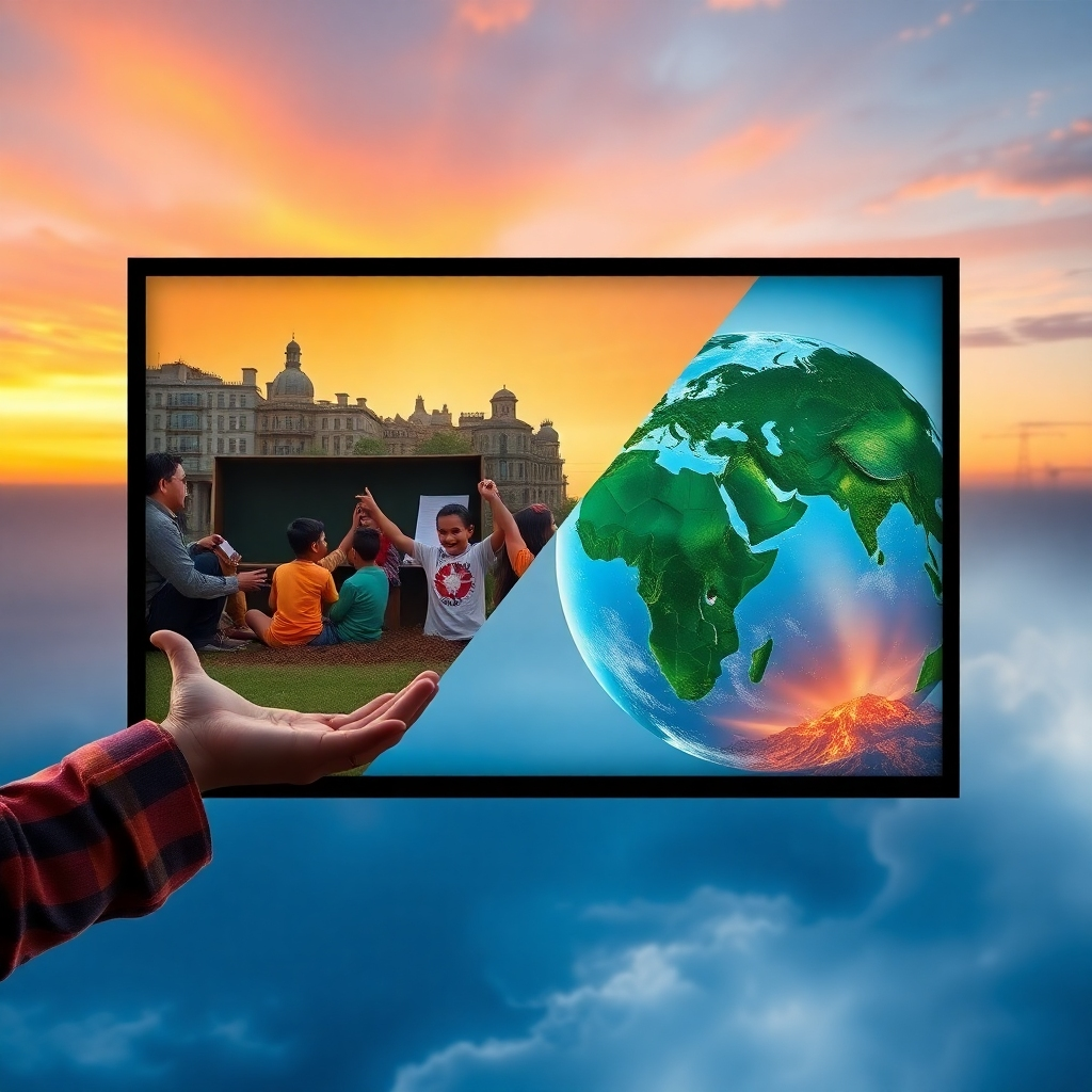 A photorealistic image showing a split screen: one side displaying a local community project (e.g., recycling initiative) and the other side showing a related global environmental issue (e.g., deforestation or pollution). The image should visually connect the two, emphasizing the impact of local actions on the larger global scale.  A sense of hope and interconnectedness.