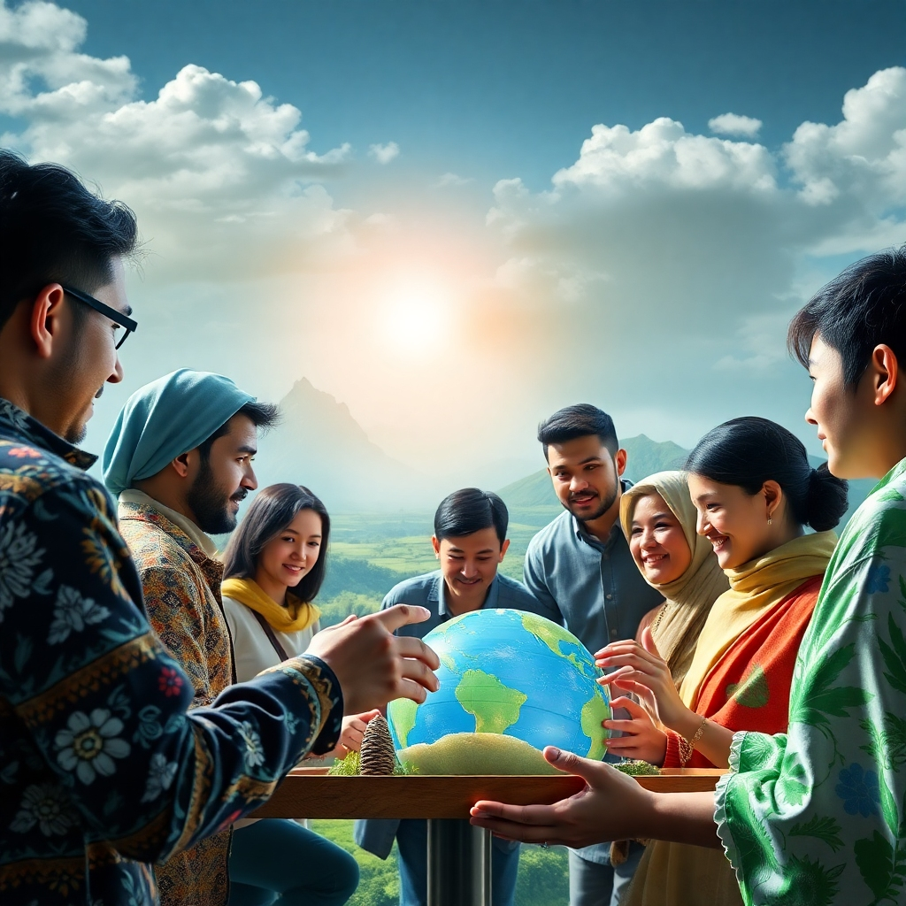 A photorealistic image showing a diverse group of people from different countries collaborating on environmental projects.  The background should depict both natural landscapes and technological solutions for a sustainable future. The mood should be hopeful and collaborative, emphasizing global teamwork.