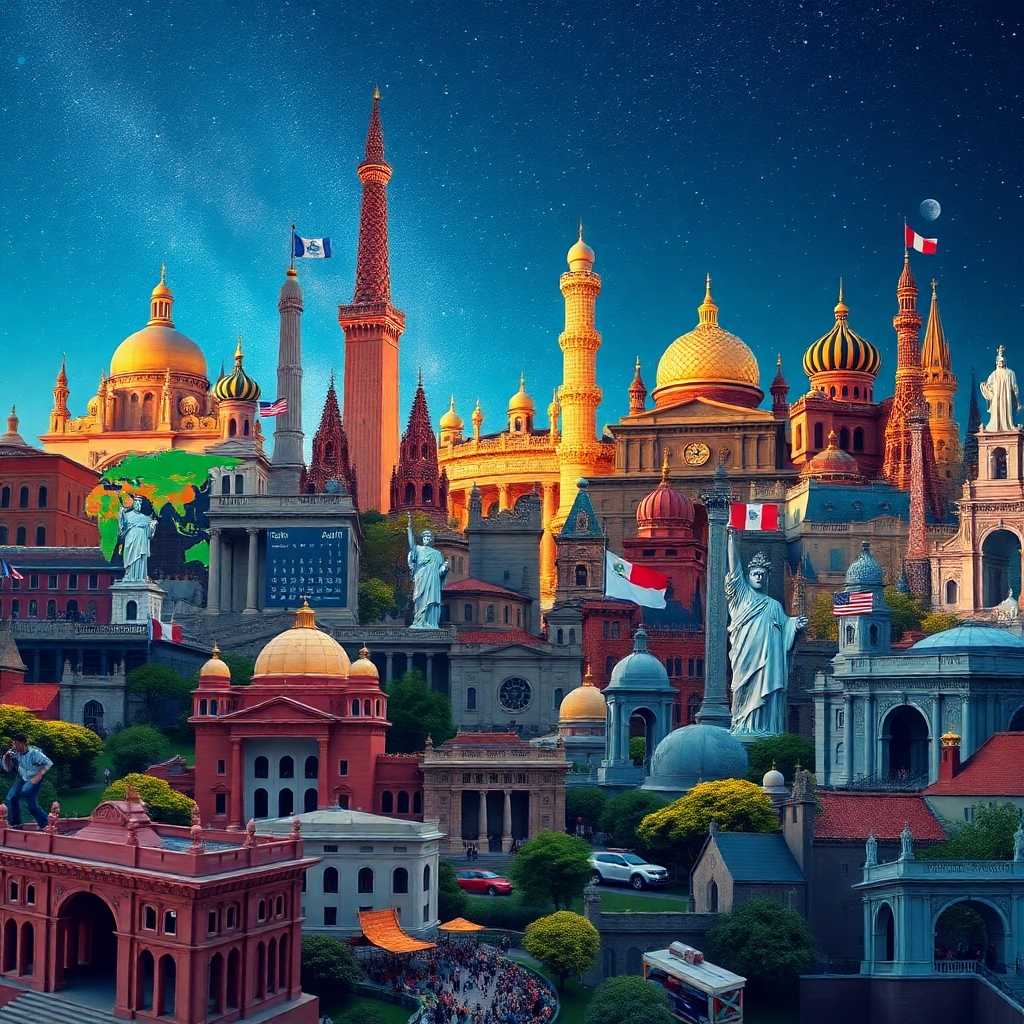 A photorealistic image, ultra-high definition, cinematic lighting, in the style of Annie Leibovitz.  Show a visually stunning collage of iconic global landmarks from different countries. Each landmark has a small translucent overlay displaying the date and name of an upcoming event. The color palette is vibrant and diverse, reflecting the global nature of the events.  Camera angle: wide shot, showcasing the scale of the world and the numerous events. Textures and materials are exceptionally detailed: the smooth surfaces of buildings, the texture of foliage, the vibrancy of fabrics. Mood: excitement and anticipation for upcoming events. Environmental elements include a clear night sky with stars. The style should feel celebratory and inviting. Props include stylized calendars, world maps, flags etc subtly incorporated into the overall composition.