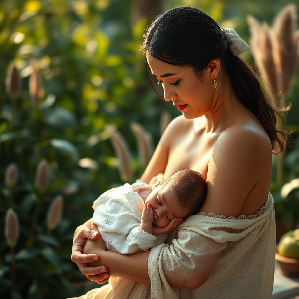 A serene scene of a new mother in a peaceful setting, possibly a garden or a natural environment. She's holding her newborn. Soft, diffused light. Reference traditional cultural healing practices. 4K, photorealistic.