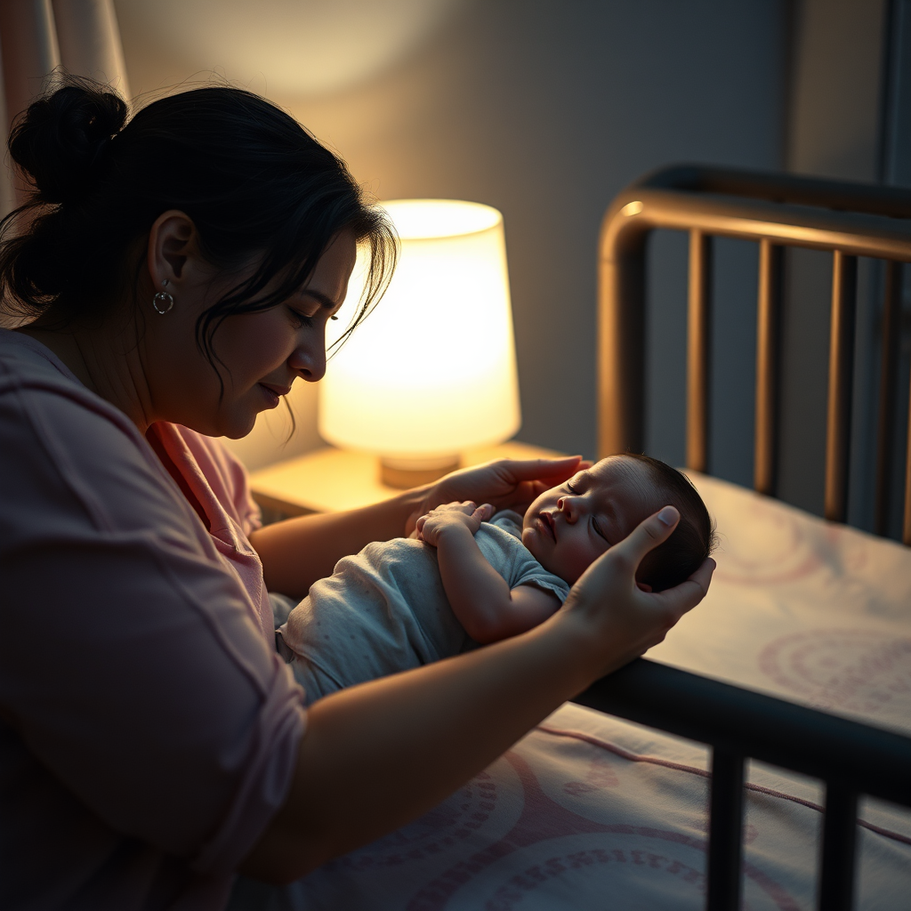 A stressed mother gently lays her sleeping baby in a crib. She looks completely exhausted but relieved. Soft, low-key lighting from a nearby lamp. Gentle colors. Capture the feeling of quiet desperation. 4K resolution, photorealistic.