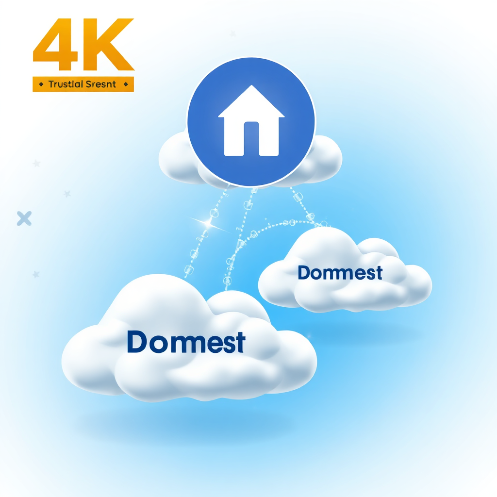 A stylized image of a domain name icon moving from one cloud to another, symbolizing a domain transfer. The clouds are connected by a shimmering data stream, representing the seamless nature of the process. The background is a gradient of blue and white, suggesting trust and reliability. 4K resolution, vibrant colors.