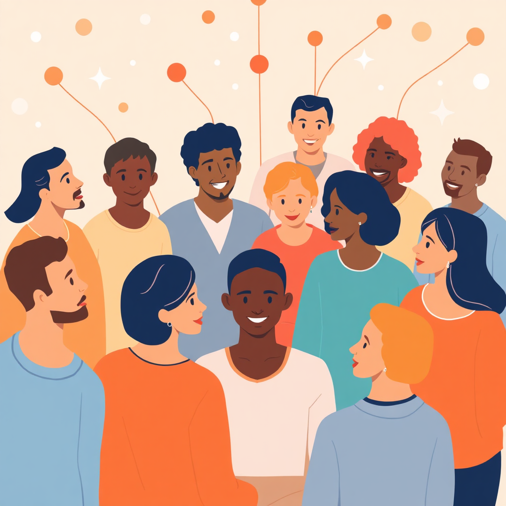 A stylized image of diverse people connecting in a digital space, forming a vibrant community. The composition emphasizes inclusivity and collaboration. Bright, warm colors, 4K resolution, emphasis on the feeling of belonging.