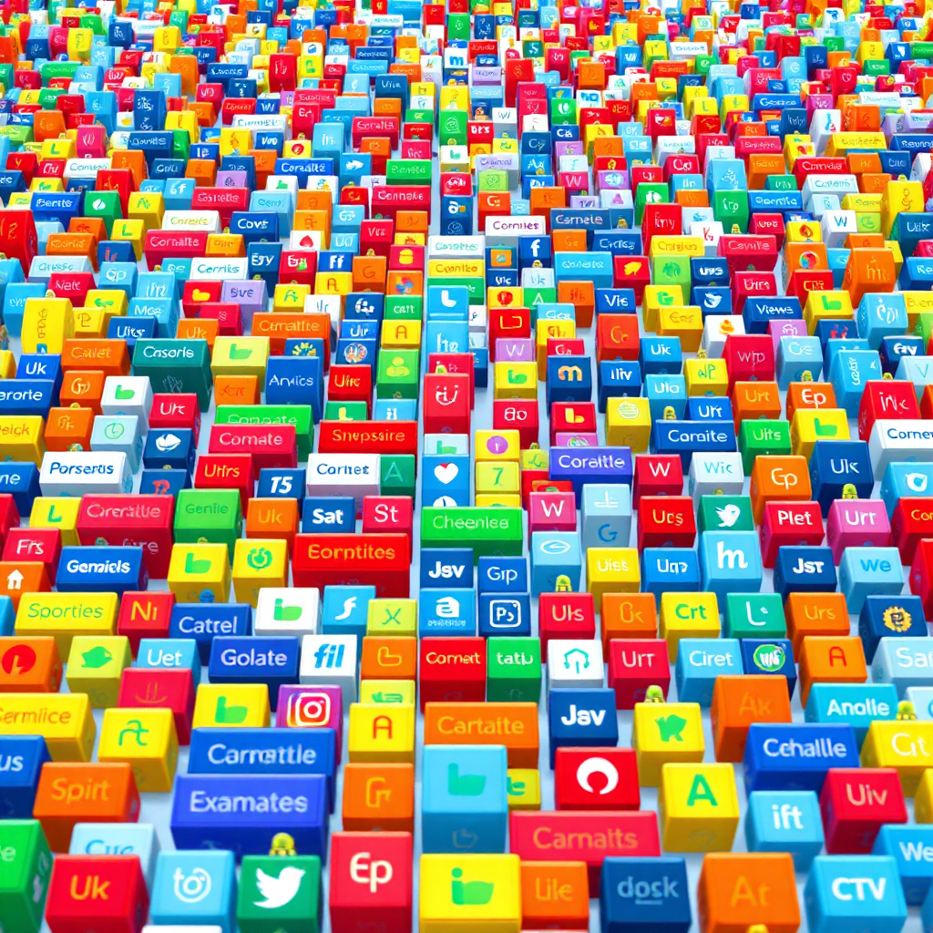 A stylized representation of a domain name marketplace, with rows upon rows of colorful domain name icons stretching into the distance. Each icon is unique, reflecting the diversity of available options. The composition is organized and visually appealing, conveying the breadth of the selection. 4K resolution, vibrant colors.