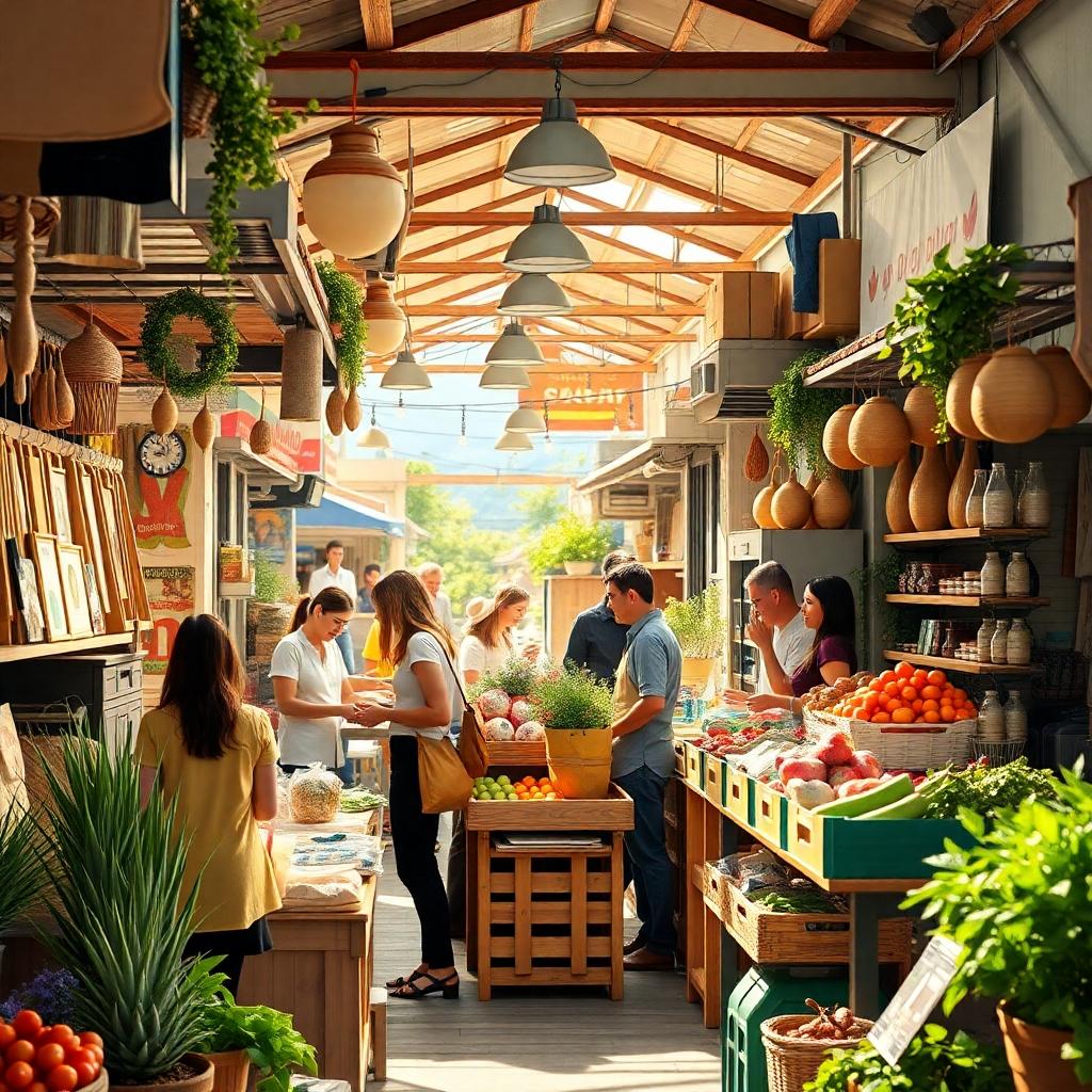 A vibrant, photorealistic image showcasing a bustling marketplace scene with diverse local businesses.  Show friendly interactions between shopkeepers and customers, with a focus on handmade crafts, fresh produce, and unique local products.  The image should convey a sense of community and support for small businesses.  Include bright, natural lighting and a diverse range of people.