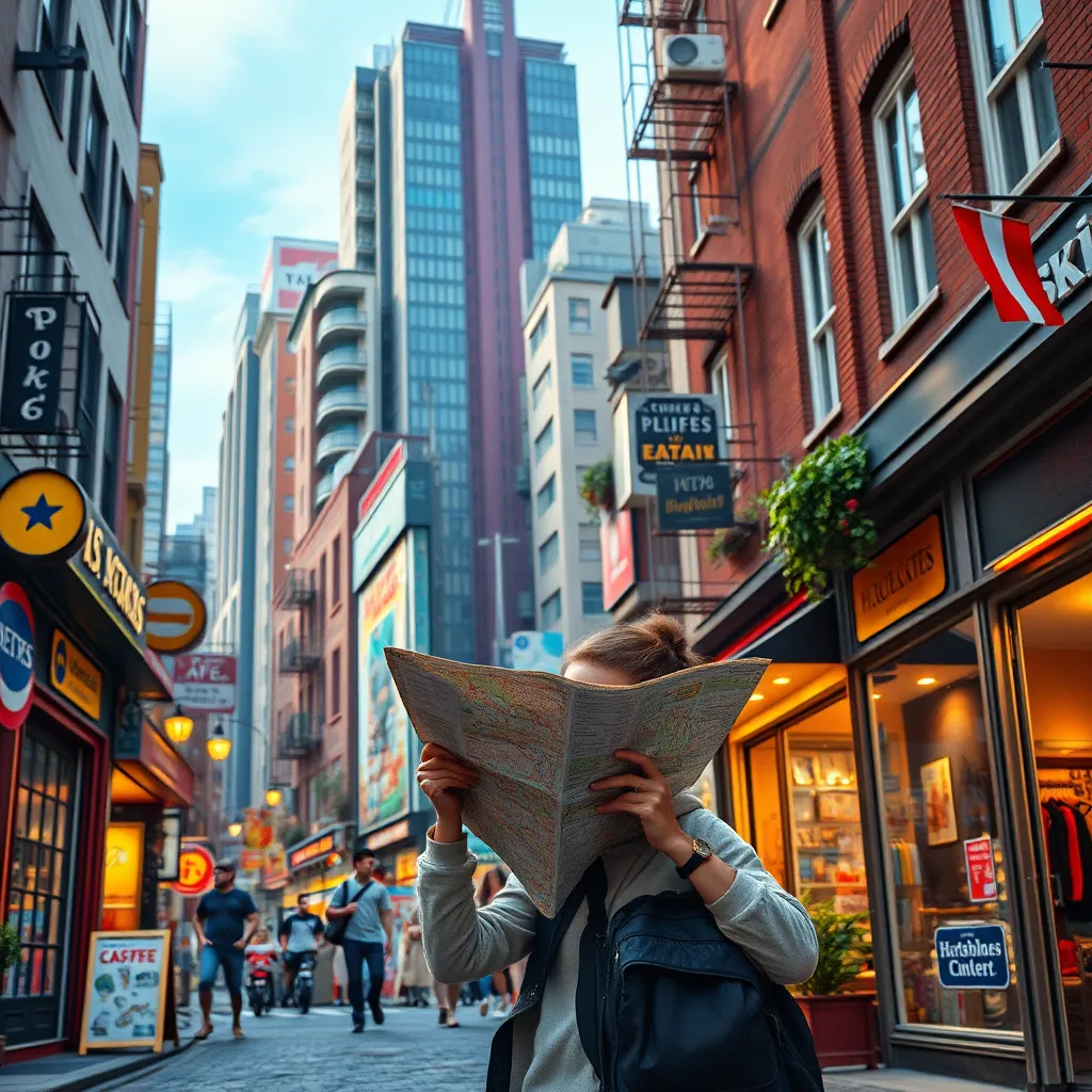 A vibrant city street scene with a diverse range of shops, cafes, and cultural landmarks. A person with a map is excitedly exploring, discovering a hidden gem like a quirky bookshop or a charming street art mural. The overall atmosphere should be inviting and adventurous.