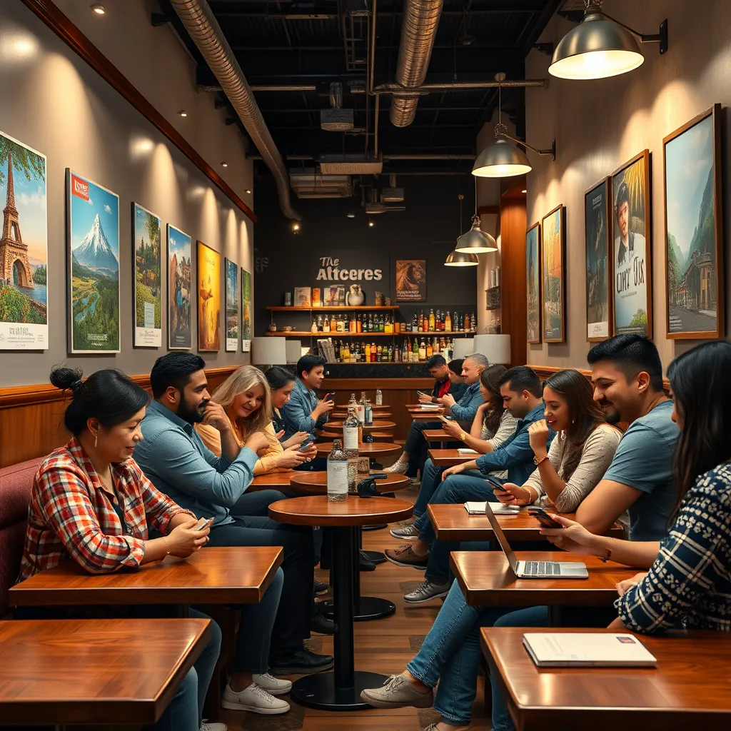 A warm and inviting cafe setting with diverse people sitting at tables, engaging in conversation and sharing recommendations on their phones or laptops. The cafe is decorated with travel posters and local artwork, showcasing a sense of community and shared experiences.