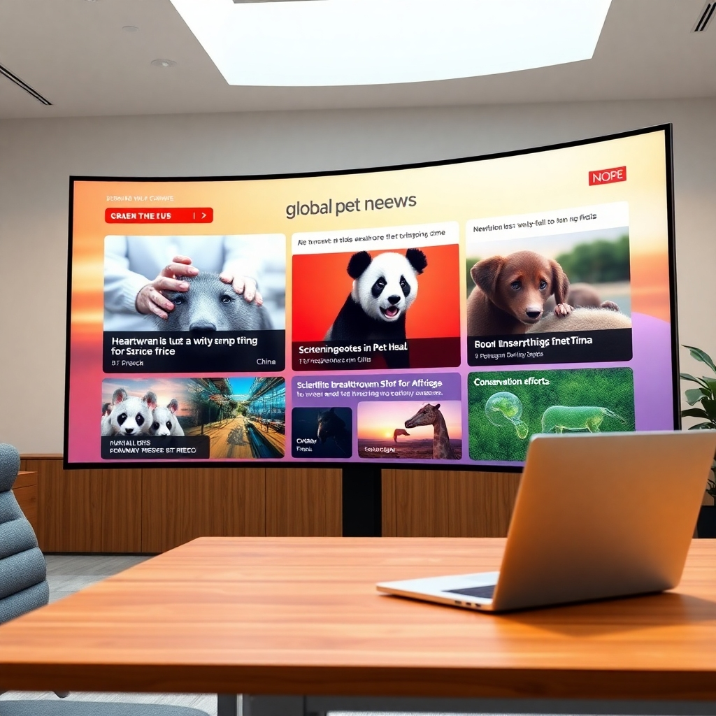 An 8K resolution, hyperrealistic image depicting a dynamic news feed interface on a large, curved screen. The screen displays a variety of captivating images and headlines related to global pet news: a heartwarming rescue story from Greece, a playful panda cub in China, a scientific breakthrough in pet health from the US, and an image representing a conservation effort in Africa. The color palette should be bright and positive, with a mix of warm and cool tones. Soft diffused lighting illuminates the screen, highlighting the vibrant images. The camera angle is slightly elevated, looking down at the screen from a moderate distance. The background is a modern, minimalist office environment with subtle textures, such as a polished wood desk and a sleek metallic laptop. The overall mood is optimistic and informative, conveying a sense of global connection and care for animals. The style should be reminiscent of a high-end technology magazine, emphasizing clarity and visual appeal. The image should be ultra-detailed, showcasing the sharpness of the images on the screen and the textures of the surrounding environment. Include subtle reflections on the screen to create a realistic feel. Render the image in a style inspired by renowned nature photographers such as Frans Lanting, emphasizing the emotional impact of the news stories displayed.
