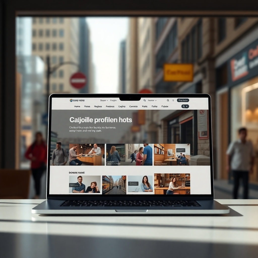 An ultra-high definition, hyperrealistic image showcasing a modern, clean website interface displaying a directory of local DOMAIN NAME businesses. Soft, warm lighting creates a welcoming and inviting atmosphere.  The image should be from a slightly elevated angle, providing a clear view of the directory’s layout.  The design is clean and intuitive, with high-quality images of various businesses featured throughout. The website is displayed on a sleek laptop screen.  The background features a subtly blurred image of a busy city street, showing the local context. The overall color palette is muted, with earthy tones and pops of color to highlight key elements.  The style is inspired by Apple's minimalist design philosophy. Render at 8K resolution with exceptional detail and texture, showcasing realistic reflections on the laptop screen.