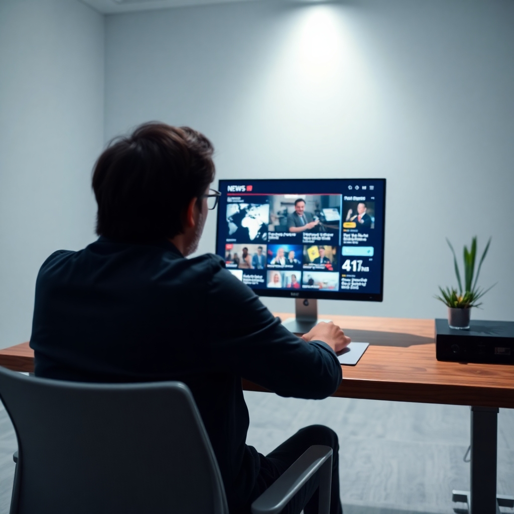 An ultra-high definition image, 8K resolution, depicting a person sitting at a modern desk in a bright, minimalist office. The person is looking intently at a computer screen showcasing a clean, well-organized newsfeed displaying headlines from diverse local and global sources. The lighting is soft and diffused, creating a calm and focused atmosphere. The color palette is composed of muted blues and grays, with pops of color from the news headlines. The camera angle is from above, slightly angled, emphasizing the clarity of the screen. The background is blurred yet visible, maintaining a sense of professionalism. The materials shown—the wood of the desk, the metal of the computer—are highly detailed, showcasing realistic textures. The overall aesthetic evokes trust, efficiency, and accuracy. The image aims to convey a sense of calm and control, implying reliable and up-to-date information is readily available.