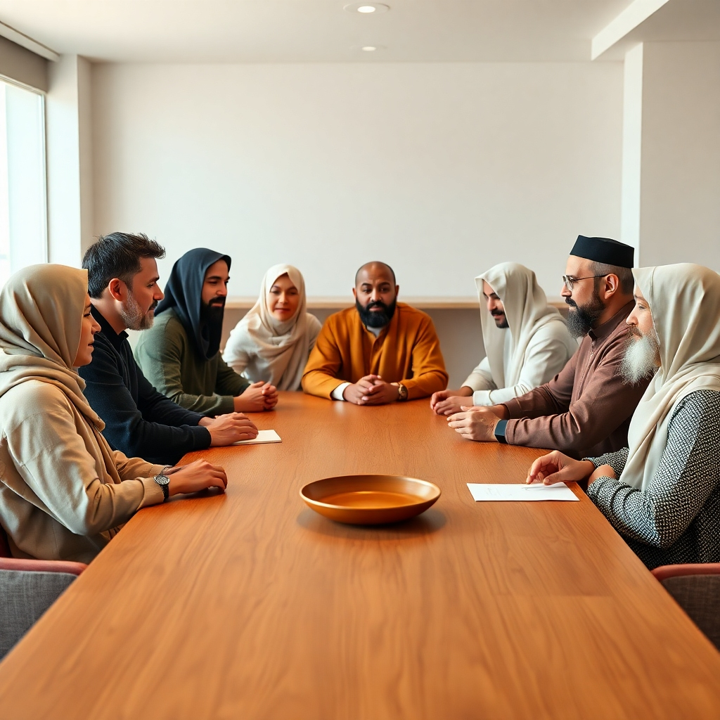 An ultra-high-definition image, 8K resolution, depicting a diverse group of individuals from various religious backgrounds engaged in a calm and respectful dialogue around a virtual table. The setting should be a serene, modern space with soft, diffused lighting to create a peaceful atmosphere. The color palette should consist of warm, earthy tones, promoting feelings of trust and harmony. The camera angle should be slightly elevated, emphasizing the participants' expressions and body language. Materials and textures should be realistically rendered: wood grain on the table, soft fabrics on chairs, skin texture, etc. Background elements should be subtle, avoiding distractions from the central dialogue. The scene should be in the style of a master portrait photographer such as Annie Leibovitz, with a focus on capturing the emotions and expressions of each individual. The overall mood should reflect mutual respect, understanding, and peaceful exchange of ideas.