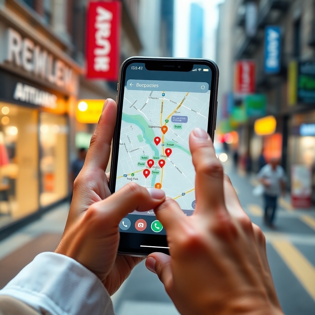 An ultra-high-quality, hyperrealistic image showcasing a user interacting with a sleek, modern smartphone application displaying a detailed map of a city, highlighting various local businesses and their ratings with vibrant icons. Soft, diffused lighting illuminates the scene, creating a clear, clean look. The color palette is friendly and approachable, featuring bright, saturated colors. The camera angle is a close-up, focusing on the smartphone screen and the user’s hands interacting with it, emphasizing the user experience. The texture of the phone should be realistic, showcasing its smooth surface and metallic accents. The background should be a softly blurred image of a lively city street, with hints of various local businesses. The style should evoke a sense of convenience and ease of use. Include various icons representing different business types, such as restaurants, shops, and services. The image should be rendered at 8K resolution, with exceptional detail and clarity. In the style of Peter Lindberg