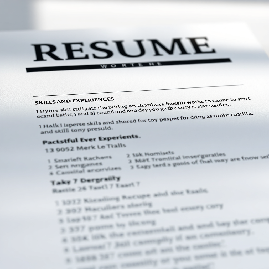 Create a close-up image of a meticulously crafted resume with key skills and experiences highlighted. The resume should be visually appealing and easy to read, showcasing a professional layout and design. Use subtle lighting effects to emphasize the important sections of the document. The background should be clean and uncluttered, drawing attention to the resume itself. 4k resolution, high-quality rendering.