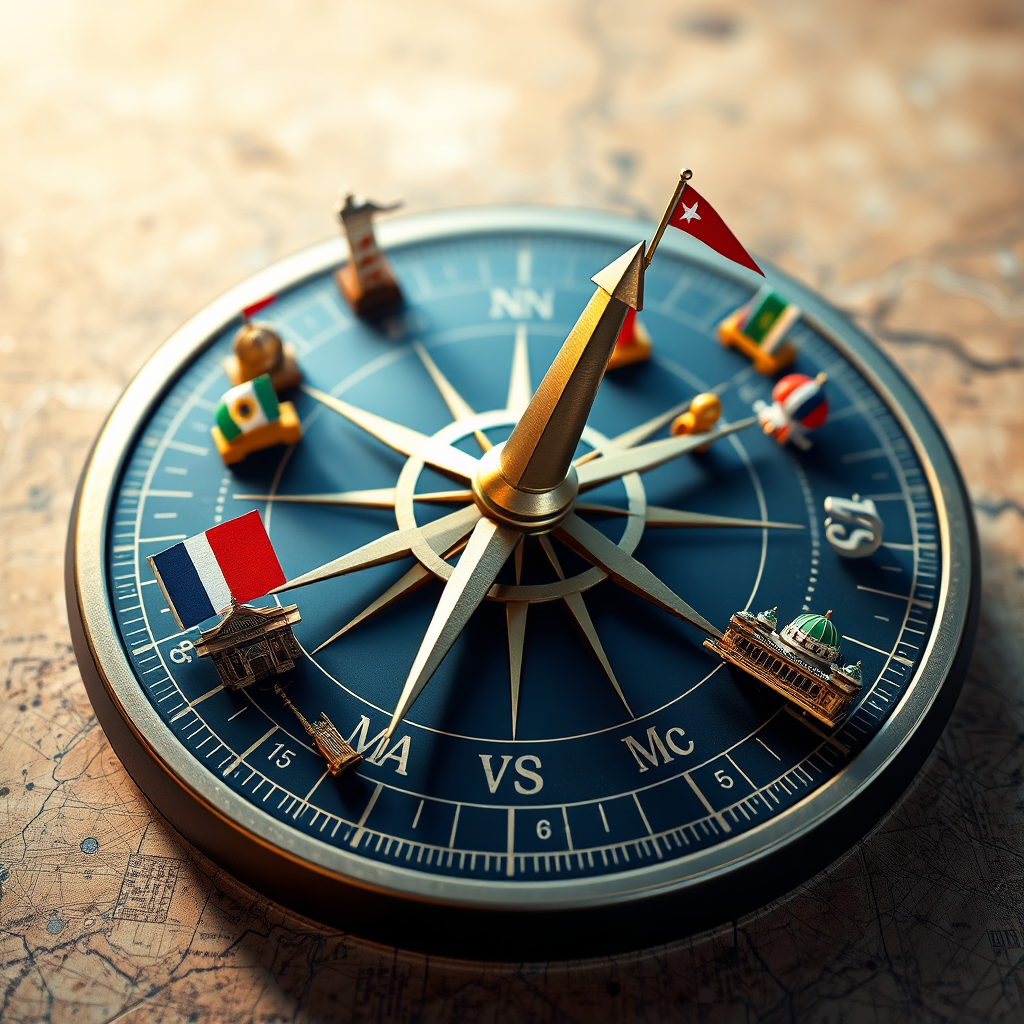 Create a photorealistic image of a compass pointing towards various global destinations. Each destination is represented by a stylized flag or landmark. Overlay the compass with digital data streams, symbolizing global connectivity. The color palette should be vibrant and diverse, using colors from different cultures. The lighting should be bright and optimistic. Use a slightly high camera angle to capture the global perspective. Relevant props include stylized travel documents and digital devices. Style reference: travel photography. Technical specs: 4K resolution, high quality.