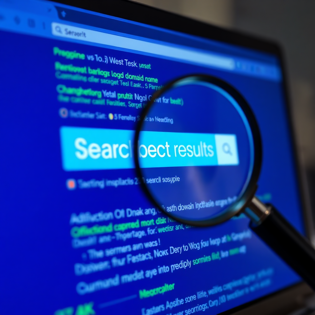 Create a photorealistic image of a computer screen displaying search engine results. The top result is highlighted with a bright, eye-catching design, representing a prominent domain name. The color palette should be professional and trustworthy, using blues and greens. The lighting should be bright and clear, emphasizing the search results. Use a close-up camera angle to focus on the screen's details. Relevant props include stylized magnifying glasses and digital data streams. Style reference: web design. Technical specs: 4K resolution, high quality.