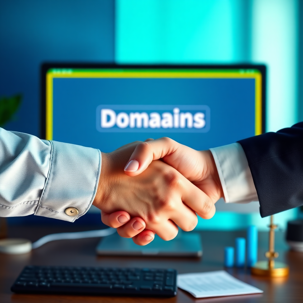 Create a photorealistic image of a handshake symbolizing a successful domain acquisition deal. In the background, a stylized computer screen displays the desired domain name. The color palette should be professional and trustworthy, using blues and greens. The lighting should be warm and inviting, emphasizing the handshake's positive sentiment. Use a medium shot to capture the handshake's details. Relevant props include stylized legal documents and financial charts. Style reference: business photography. Technical specs: 4K resolution, high quality.