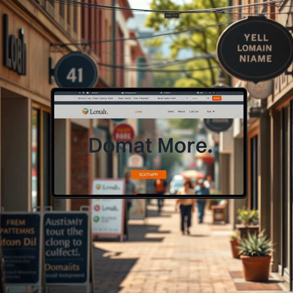 Create a photorealistic image of a bustling local street scene with shops and businesses. Overlay a digital screen displaying a local business's website with a prominent domain name. The color palette should be warm and inviting, using earth tones and natural light. The lighting should be realistic, capturing the street's ambiance. Use a street-level camera angle to immerse the viewer in the local scene. Relevant props include local signage and landmarks. Style reference: realistic street photography. Technical specs: 4K resolution, high quality.