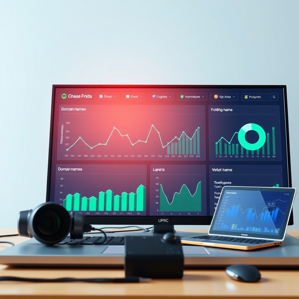 Create a photorealistic image of a digital dashboard displaying a portfolio of domain names. The dashboard includes charts and graphs tracking the domains' performance. The color palette should be professional and modern, using blues and greens. The lighting should be bright and clear, emphasizing the dashboard's details. Use a wide-angle shot to capture the dashboard's overall layout. Relevant props include stylized digital devices and data streams. Style reference: data visualization. Technical specs: 4K resolution, high quality.