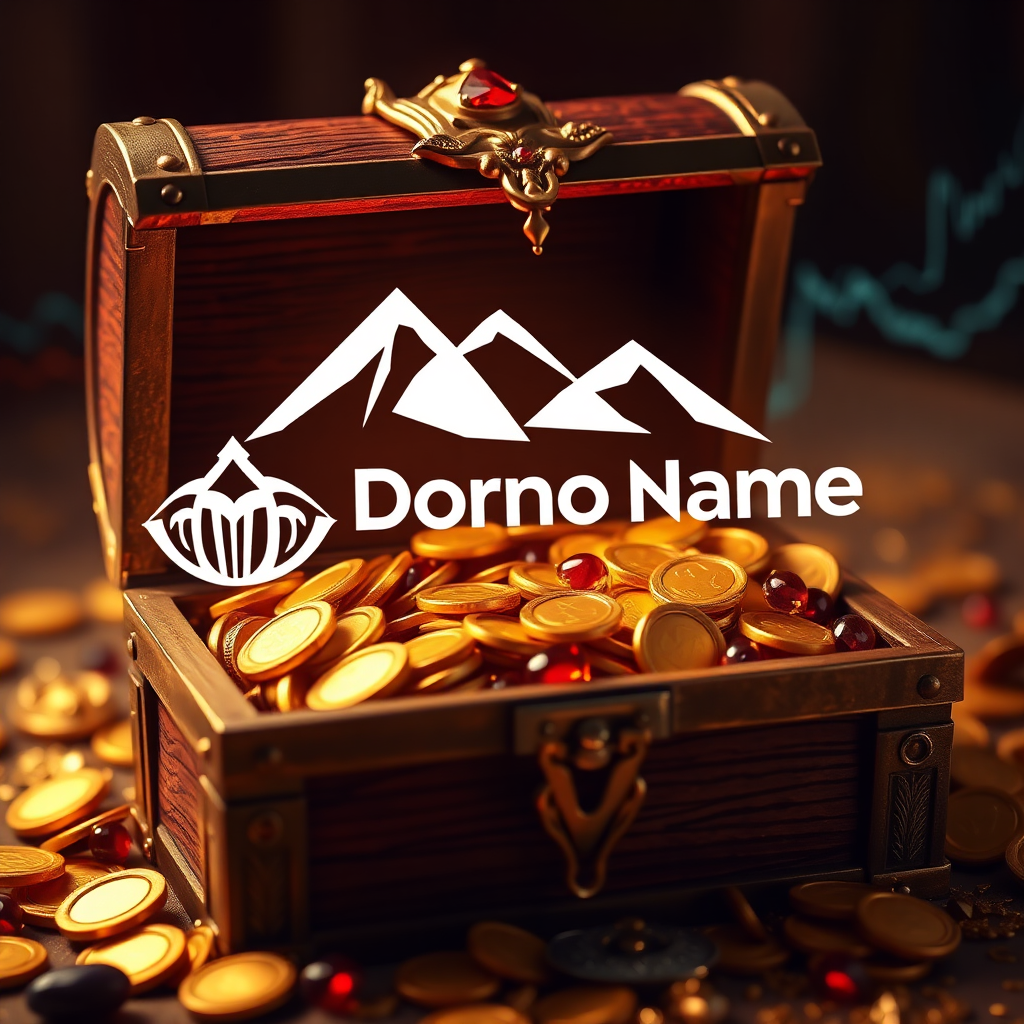 Create a photorealistic image of a treasure chest filled with gold coins and jewels. Overlay the chest with a stylized brand logo, representing the domain name's value. The color palette should be rich and luxurious, using golds, reds, and purples. The lighting should be warm and inviting, emphasizing the treasure's beauty. Use a close-up camera angle to focus on the chest's contents. Relevant props include stylized financial charts and graphs. Style reference: wealth photography. Technical specs: 4K resolution, high quality.