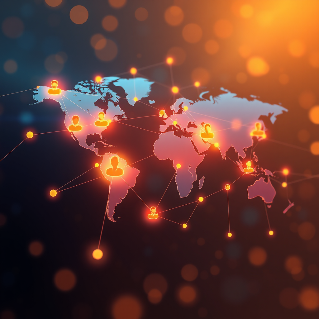 Create a stylized image of interconnected nodes forming a network across a world map. Each node represents a professional, and the connections symbolize networking opportunities. Use a warm and inviting color palette with hues of gold and blue to convey trust and global reach. The lighting should be soft and diffused, highlighting the connections between individuals. The overall composition should feel organic and dynamic, emphasizing the power of global networking. This should look modern and connected, like a high-tech global network. 4k resolution.