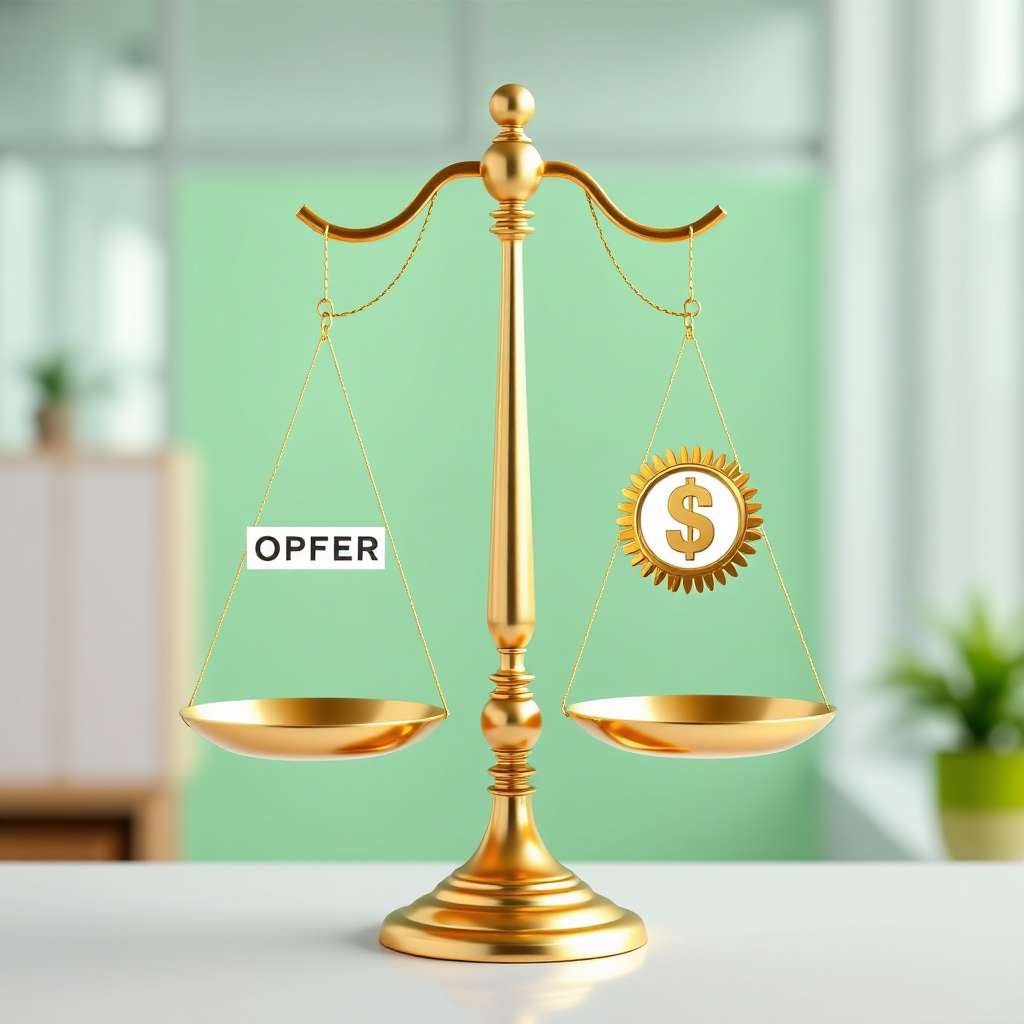 Create a visual representation of a balanced scale, with one side representing the job offer and the other representing the individual's value and skills. Use subtle visual cues like money icons and skill badges to reinforce the concept of negotiation. The background should be a clean, professional setting. Use a color palette with greens and golds. 4k resolution, high detail.