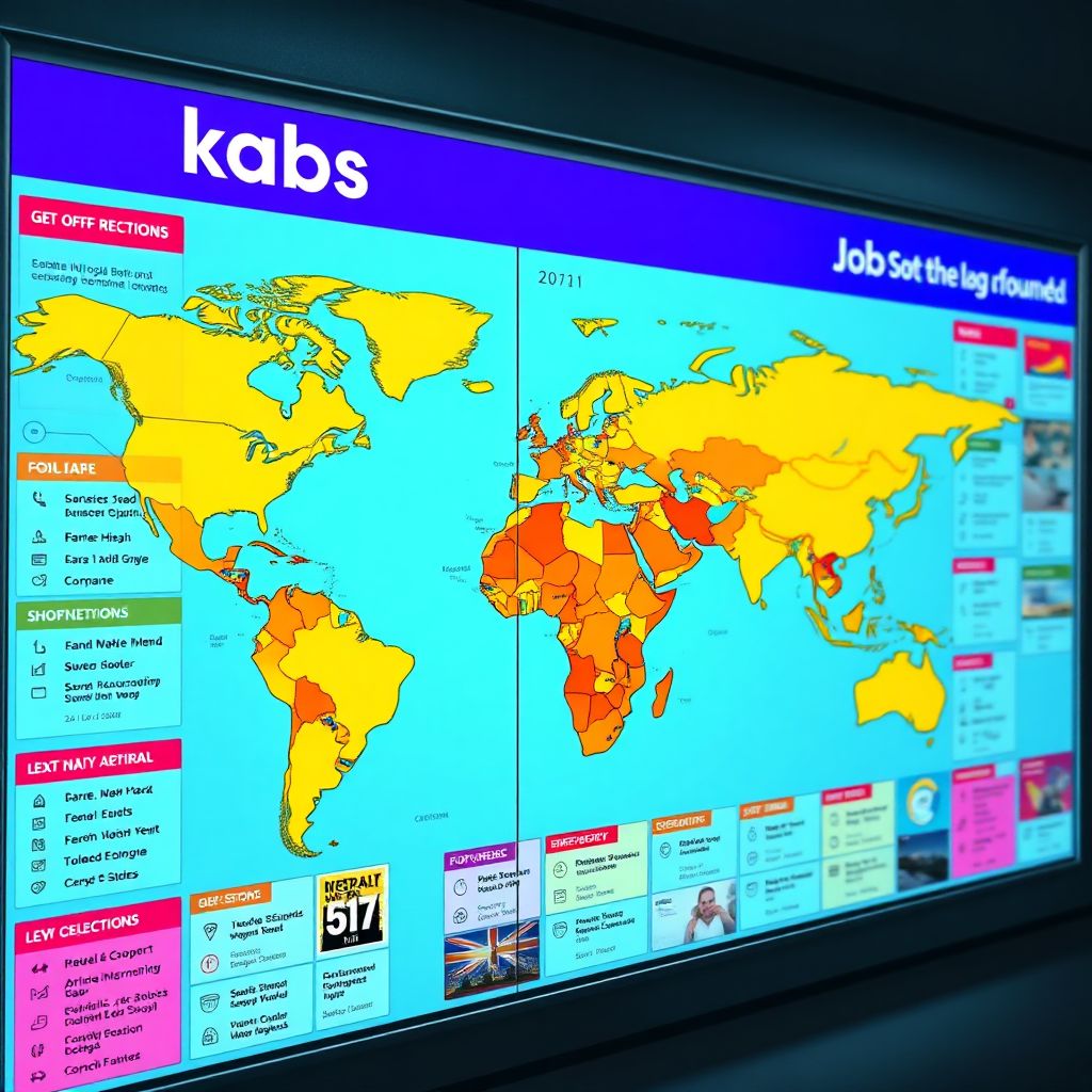 Create an image of a digital bulletin board filled with job postings from various locations around the world. The board should appear modern and user-friendly, with clear categories and search functions. Use a vibrant color scheme to highlight different job sectors and geographic regions. Lighting should be bright and inviting, suggesting opportunity and discovery. 4k resolution, photorealistic.