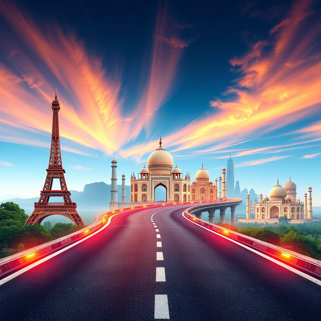Create an image showcasing a winding road leading to various iconic global landmarks (Eiffel Tower, Taj Mahal, etc.). Each landmark represents a different career path. The lighting should be vibrant and dynamic, capturing the excitement of exploring new opportunities. The color palette should be diverse, reflecting the variety of career paths available. This should be a 4k resolution image, hyperrealistic.