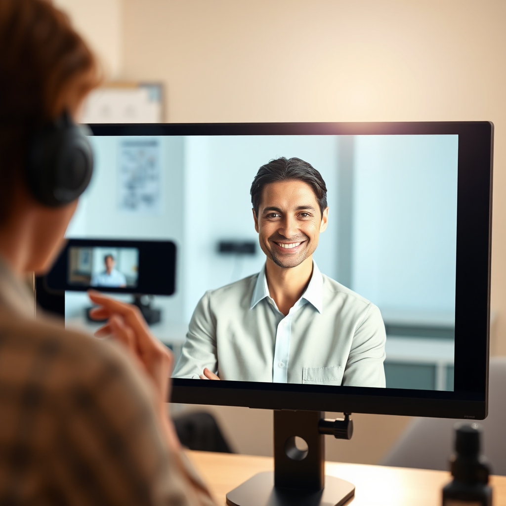 Depict a person confidently participating in a video interview. The background should be a clean, professional setting. Focus on the individual's positive body language and confident expression. Soft, warm lighting to create approachability. 4k resolution, high detail.