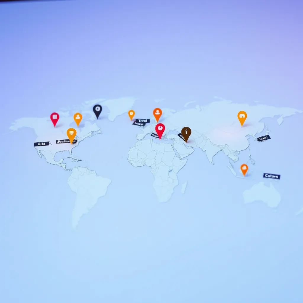 Generate an ultra-high-resolution (8K) photorealistic image of a modern, sleek website interface. The interface should display a global map with pins indicating various locations around the world. Each pin should be labeled with a different country name, and the pins should be color-coded to represent different categories of information (e.g., business, travel, culture). The background should be a gradient of soft blues and purples, evoking a sense of global connection and exploration. The camera angle should be a close-up, focusing on the map and its pins, with a slight tilt to create a dynamic perspective.  Include subtle lighting effects to highlight the pins and labels, and use a high-quality, stylized font that is clear and legible.  The overall mood should be energetic, informative, and inviting, reflecting the vast possibilities of exploration and discovery available through the platform., ultra high resolution, photorealistic, 8K, hyperdetailed, cinematic lighting