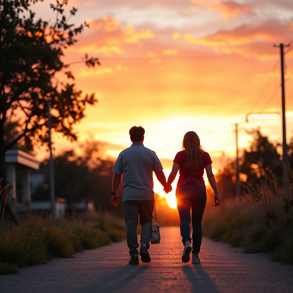 Husband and Wife taking a walk at sunset. Romantic colors, warm lighting. 4K photorealistic.