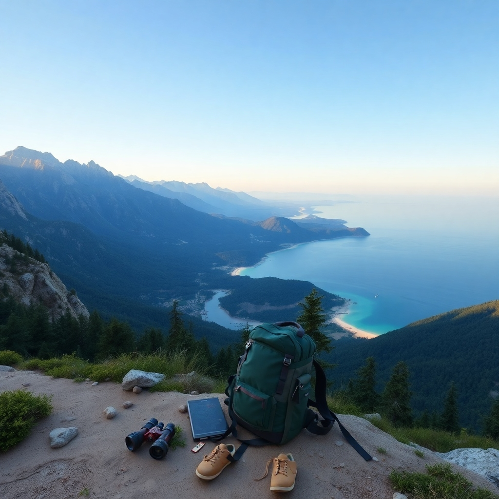 Hyperrealistic image, 8K resolution, soft diffused lighting. A stunning vista overlooking a picturesque landscape, perhaps a mountain range with a crystal-clear lake or ocean with a beach. The color palette should be rich and vibrant, reflecting the beauty of nature. The composition should emphasize the vastness and beauty of the landscape. The camera angle is a wide shot, capturing the full extent of the landscape. Textures should be meticulously detailed: the rugged texture of mountains, the smooth surface of water, the soft sand of a beach. The overall mood is serene, inspiring, and adventurous. Style reference: Ansel Adams. Environmental elements include lush greenery, clear skies, and perhaps wildlife in the distance. Props could include a backpack, map, compass, or binoculars. The scene should be rich with atmospheric perspective and depth of field. Render with advanced global illumination techniques.