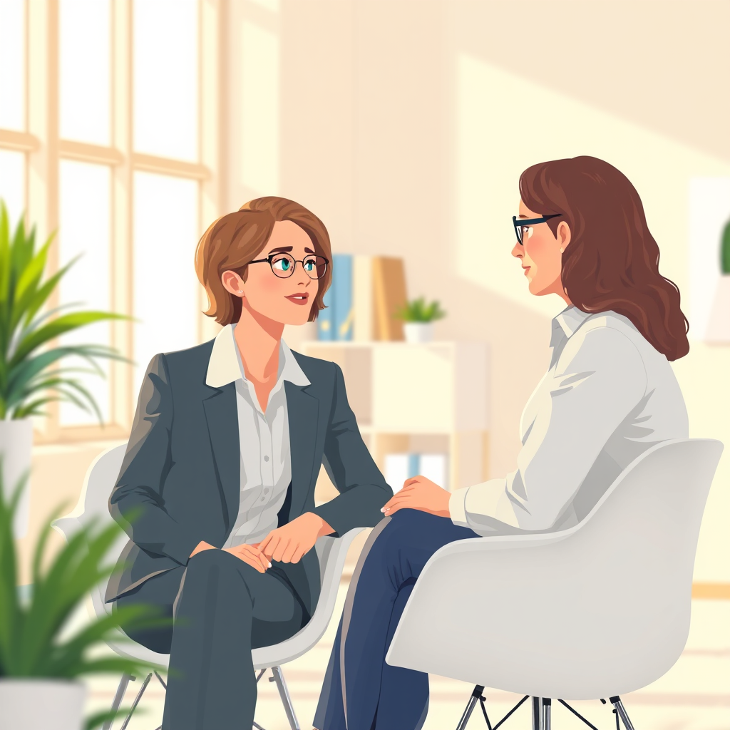 Illustrate a one-on-one career counseling session in a bright, modern office setting. The counselor should be attentively listening to the client, creating a supportive and encouraging atmosphere. Use warm, natural lighting to enhance the feeling of trust and empathy. Focus on the body language and facial expressions of both individuals to convey a sense of connection. 4k resolution, photorealistic.