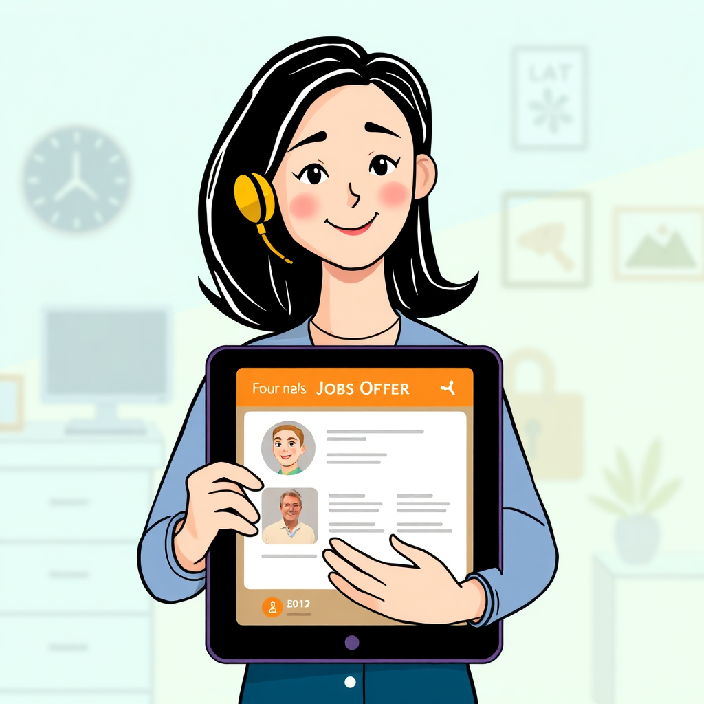Illustrate a stylized digital assistant presenting a job offer on a tablet, tailored specifically to the user's profile. The background should be clean and modern, with subtle hints of a personalized workspace. The color palette should be friendly and approachable, using soft blues and greens. The lighting should be warm and inviting, creating a sense of trust and support. 4k resolution, high detail.