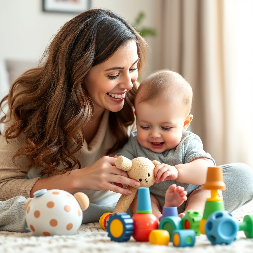 MOM with her baby playing toys together, smiling. High quality image. 4k resolution