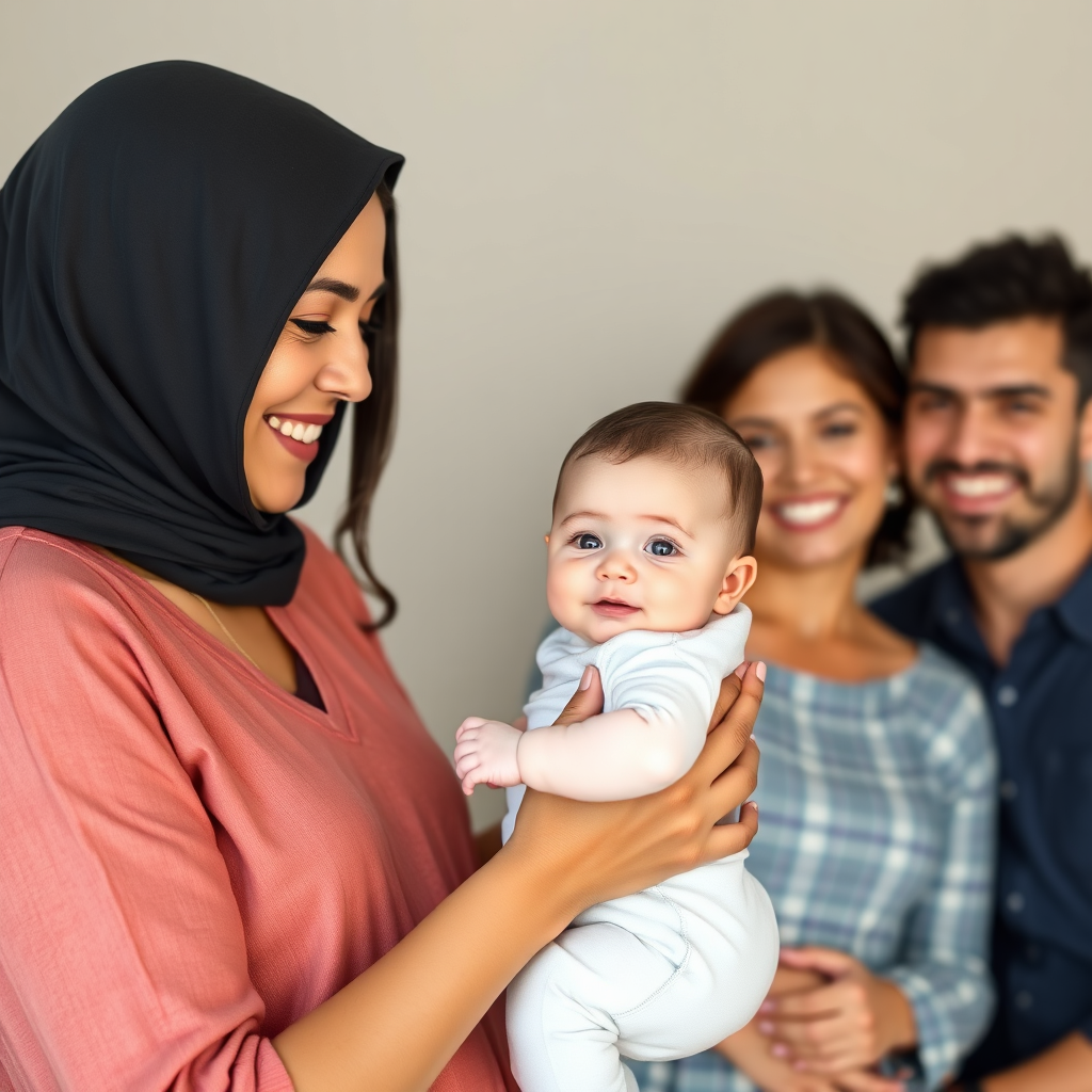 Nanny holding baby in hands, while parents are smiling in background. 4k resolution.