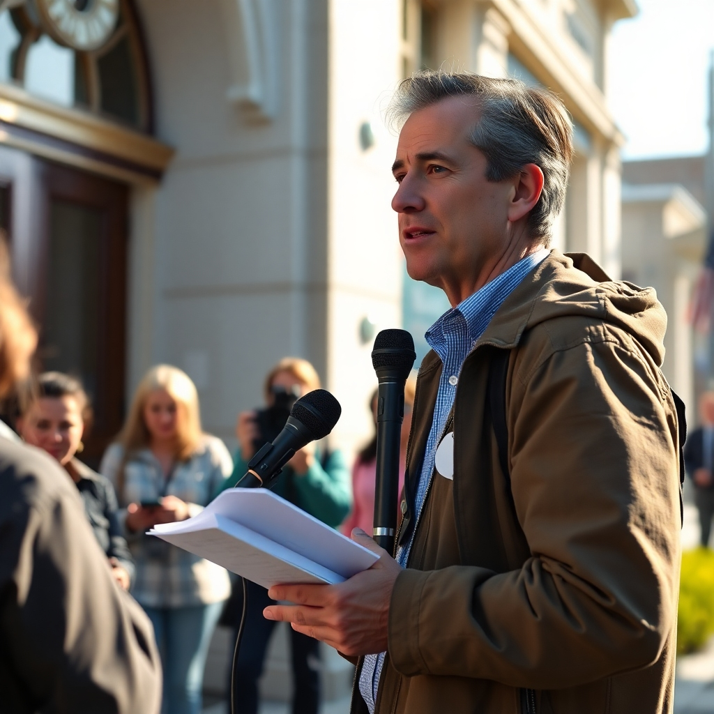 Photorealistic 8K image, natural lighting. A journalist or reporter actively reporting news on location, perhaps outside a local government building or a community event. The lighting should be bright and natural, possibly midday sunlight with soft shadows.  Color palette should be realistic and reflect the natural environment, perhaps with a slightly cool tone to maintain neutrality. The camera angle should be from a medium distance, allowing the viewer to observe the action and the context of the news.  Textures should reflect the real-world environment, showing the detail in the reporter's clothing, the texture of the building, and the environment.  Environmental elements should include people, possibly some onlookers, and the environment of a bustling, everyday location.  Any relevant props, such as a microphone, notepad, or camera, should be included. In the style of photojournalism, conveying a sense of immediacy and authenticity. The overall mood should be calm, factual, and informative.